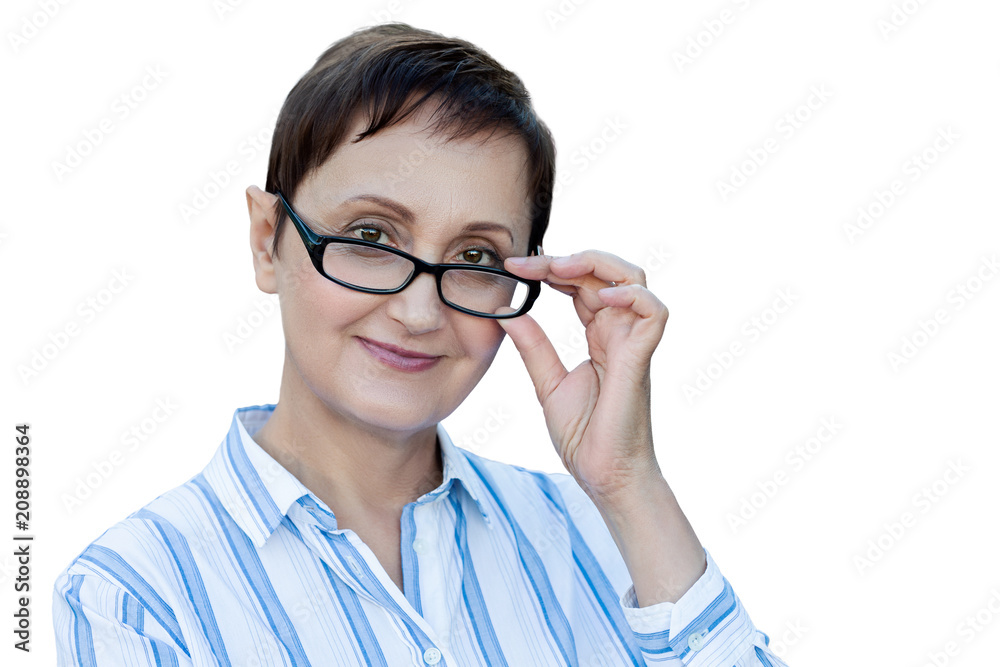 Business woman portrait. Professional headshot of middle aged businesswoman principal teacher wearing glasses and white shirt isolated on white background. Teacher, principal closeup face Business woman portrait. Professional headshot of middle aged businesswoman principal teacher wearing glasses and white shirt isolated on white background. Teacher, principal closeup face