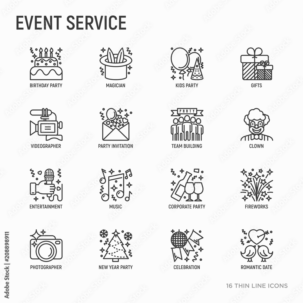 Event services thin line icons set: kids party, gifts, birthday, magician, clown, videographer, party invitation, corporate, fireworks, music, celebration, romatic date. Modern vector illustration. - obrazy, fototapety, plakaty 