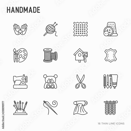 Handmade thin line icons set: sewing machine, knitting, needlework, drawing, embroidery, scissors, threads, yarn, pin. Modern vector illustration.