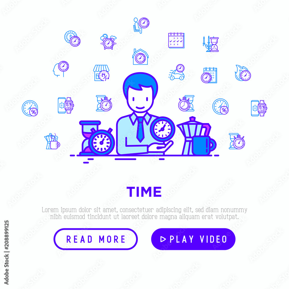 Time manager with thin line icons: coffee time, stopwatch, smart watch, hot time, sale, deadline, alarm, open hours, countdown. Modern vector illustration, template for web page. Time manager with thin line icons: coffee time, stopwatch, smart watch, hot time, sale, deadline, alarm, open hours, countdown. Modern vector illustration, template for web page.