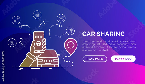 Car sharing concept: phone in hand with opened mobile app looking for available car. Modern vector illudtration, web page template on gradient background.