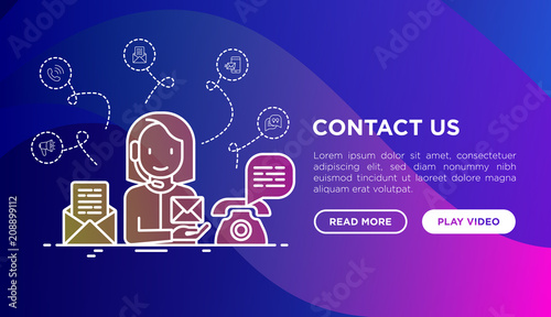 Contact us thin line icons: call center operator in headset is answering on email and phone call. Modern vector illustration, web page template on gradient background.