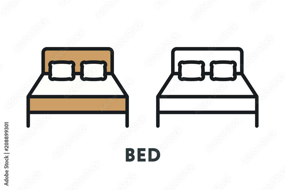 Double Hotel Mattress Bed. Interior Furniture Concept. Minimal Color Flat Line Outline Stroke Icon.