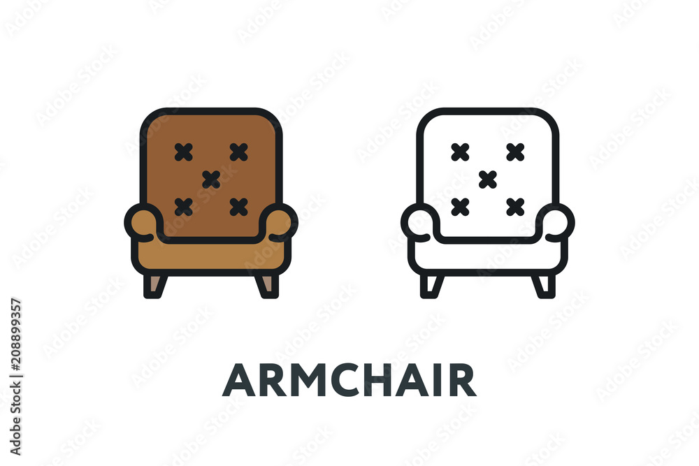 Brown Classic Leather Armchair Sofa Seat. Interior Furniture Concept. Minimal Color Flat Line Outline Stroke Icon. Brown Classic Leather Armchair Sofa Seat. Interior Furniture Concept. Minimal Color Flat Line Outline Stroke Icon.