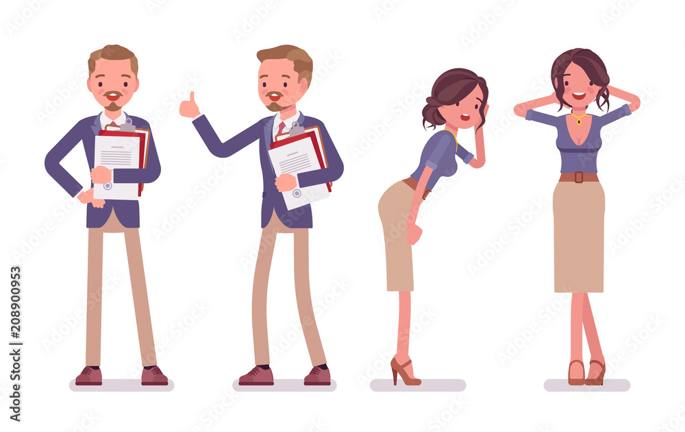 Male and female office secretary, different emotions Male and female office secretary, different emotions