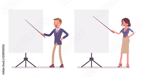Male and female office secretary at white board
