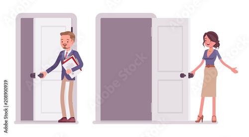 Male and female office secretary opening a door