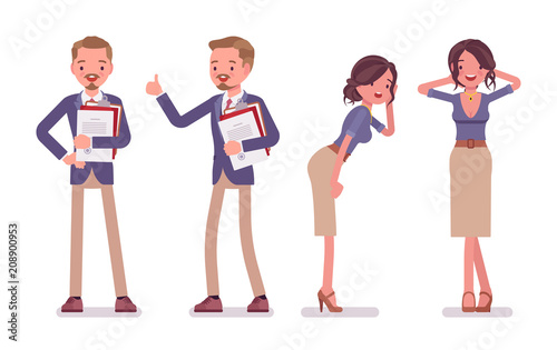 Male and female office secretary, different emotions