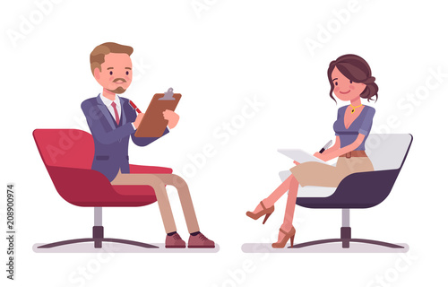 Male and female office secretary sitting in chair