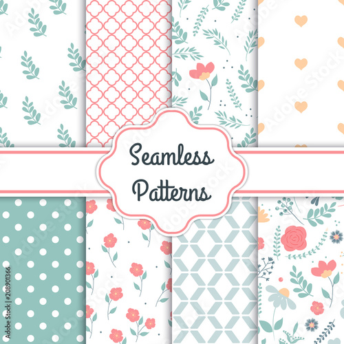 Set of 8 elegant seamless patterns with decorative flowers, design elements. Floral patterns for wedding invitations, greeting cards, scrapbooking, print, gift wrap, manufacturing.