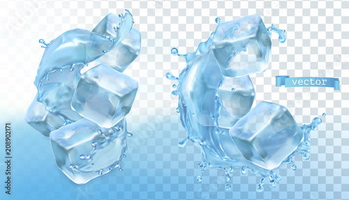 Ice cubes and water splash. 3d realistic vector