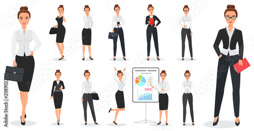 Set of young pretty business woman character design in various poses.