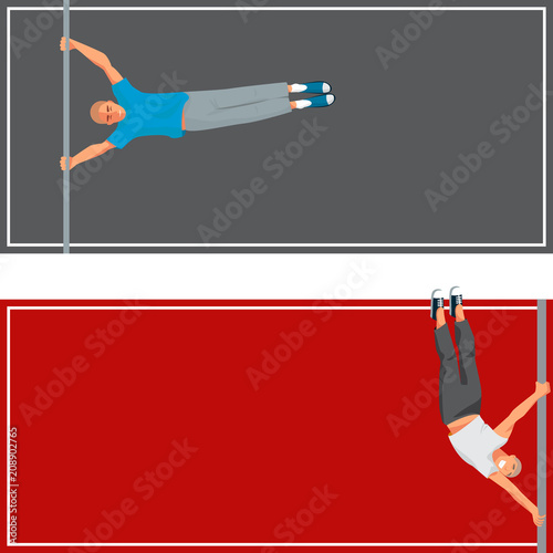 Horizontal bar chin-up strong athlete man cards gym exercise street workout tricks muscular fitness sport pulling up character vector illustration.