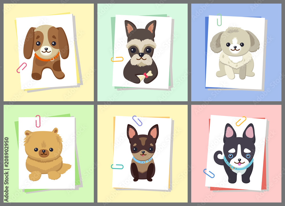 Puppies and Dogs Poster Set Vector Illustration