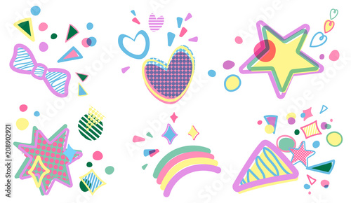 Vector Set of birthday party decorative design elements. Simple flat cartoon icons design. Stars, hearts, boom. © lembergvector