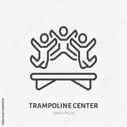 Flat line icon of happy people jumping on trampoline. Trampolining sign. Thin linear logo for amusement park, corporate party entertainment.