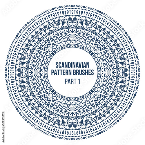 Pattern brushes inspired by scandinavian, finnish folk art. Nordic blue and white circle border, frame. Vector brushes are included in brush pallet.