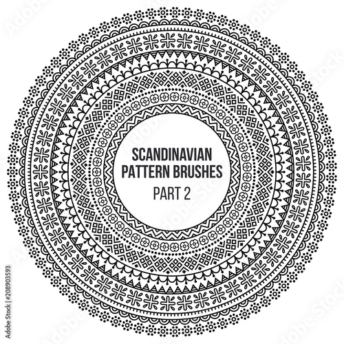 Pattern brushes inspired by scandinavian, finnish folk art. Nordic blue and white circle border, frame. Vector brushes are included in brush pallet.