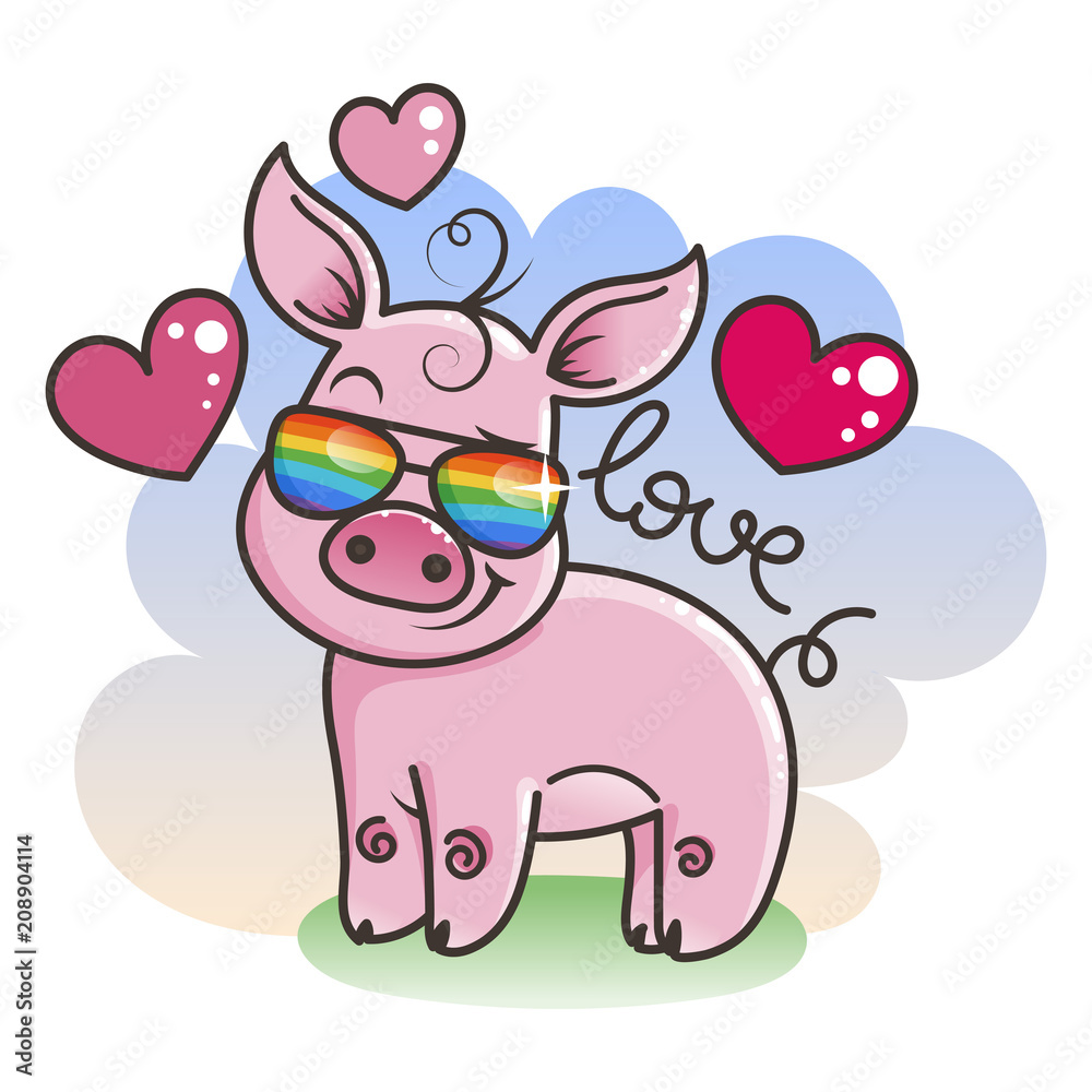 Naklejka premium Cute cartoon baby pig in a cool rainbow glasses
