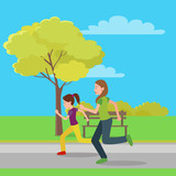 Running Mom and Doughter Color Vector Illustration