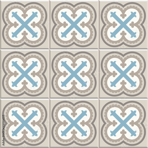 Ancient floor ceramic tiles. Flooring tiling seamless vector background. Vector illustration. Victorian English floor tiling design. Portuguese cement tiles pattern. Grey-blue and golden brown colors