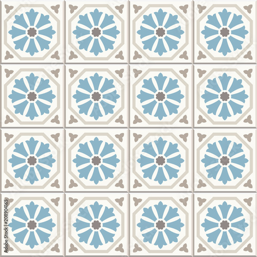 Ancient floor ceramic tiles. Flooring tiling seamless vector background. Vector illustration. Victorian English floor tiling design. Portuguese cement tiles pattern. Grey-blue and golden brown colors