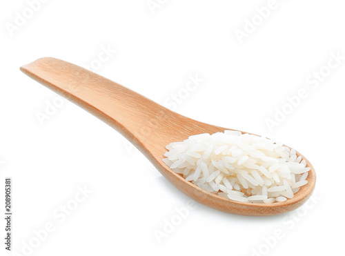 rice in wood spoon isolated on white background
