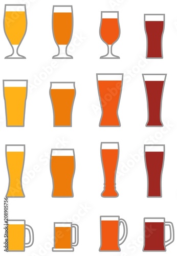 Set of different contour silhouettes beer glasses isolated on white background. Glass collection. Alcohol drinks glasses set outline vector illustration.