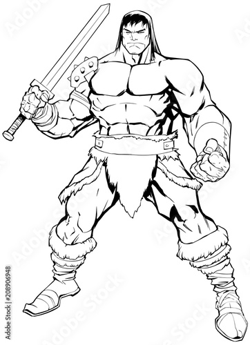 Barbarian on White / Black and white comics illustration of muscular barbarian warrior. 