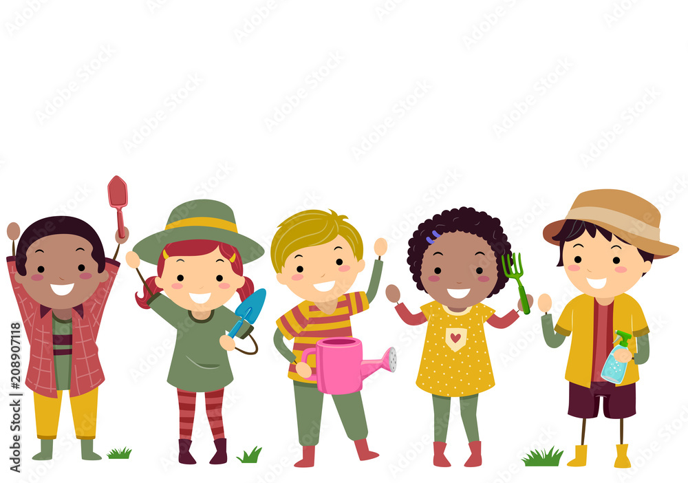 Stickman Kids Gardening Outfit Tools Illustration