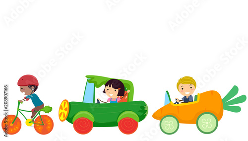 Stickman Kids Vegetable Rides Illustration