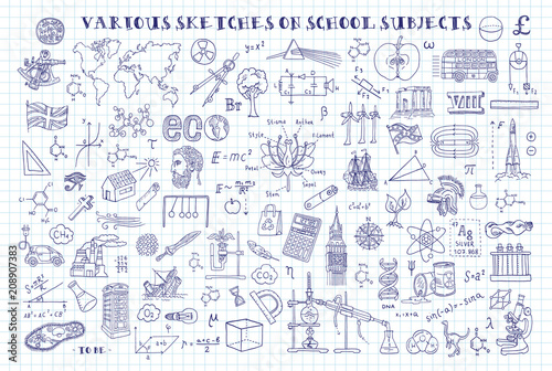 Various sketches on school subjects. Hand sketches on the theme of Maths and geometry. Note book page paper. Vector illustration. Doodle set.