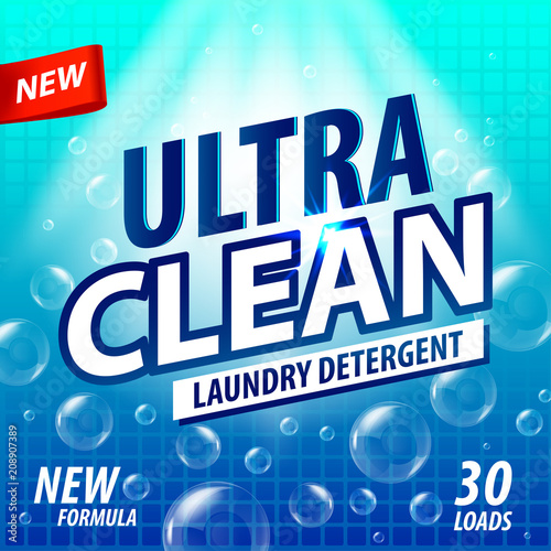 Laundry Detergent package vector concept design. Detergent powder design, cleaner label. Bathroom tub cleaner label template