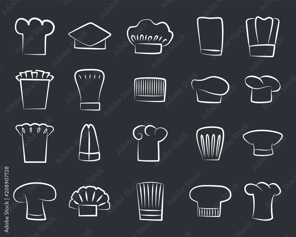 Outline Sketches Chef Hats, Set of White Chef Hat Outline Sketches Chef Hats, Set of White Chef Hat