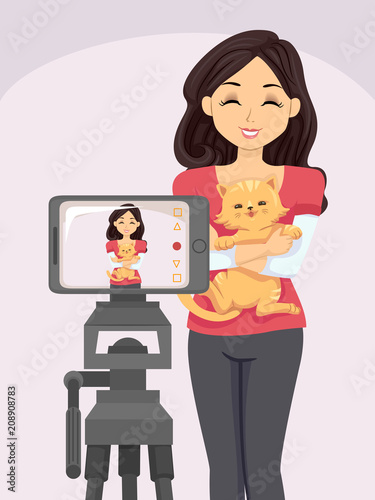 Teen Girl Cat Camera Vlogging Illustration