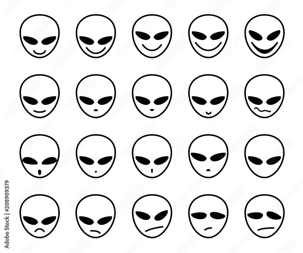 Alien, icon, different emotions, vector. The face of an alien. Meme, icon. Single-color, vector images. Black outline on white background.  