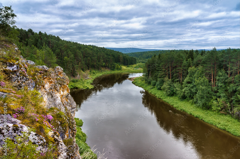 Summer landscape from the rock on the Ufa river in the Ural mountains. nature of Russia.