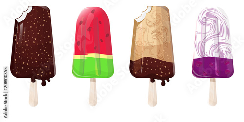icecream scoops on white background.Ice cream icons of frozen.Caramel eskimo or chocolate glaze sundae with nuts.Ice-cream and fruit ice.