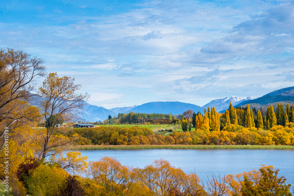 Beautiful landscape of autumn trees with lake and mountain in the cloudy day. Beautiful landscape of autumn trees with lake and mountain in the cloudy day.