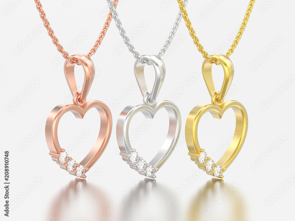 3D illustration three yellow and rosr gold and silver diamond heart necklaces on chains 3D illustration three yellow and rosr gold and silver diamond heart necklaces on chains