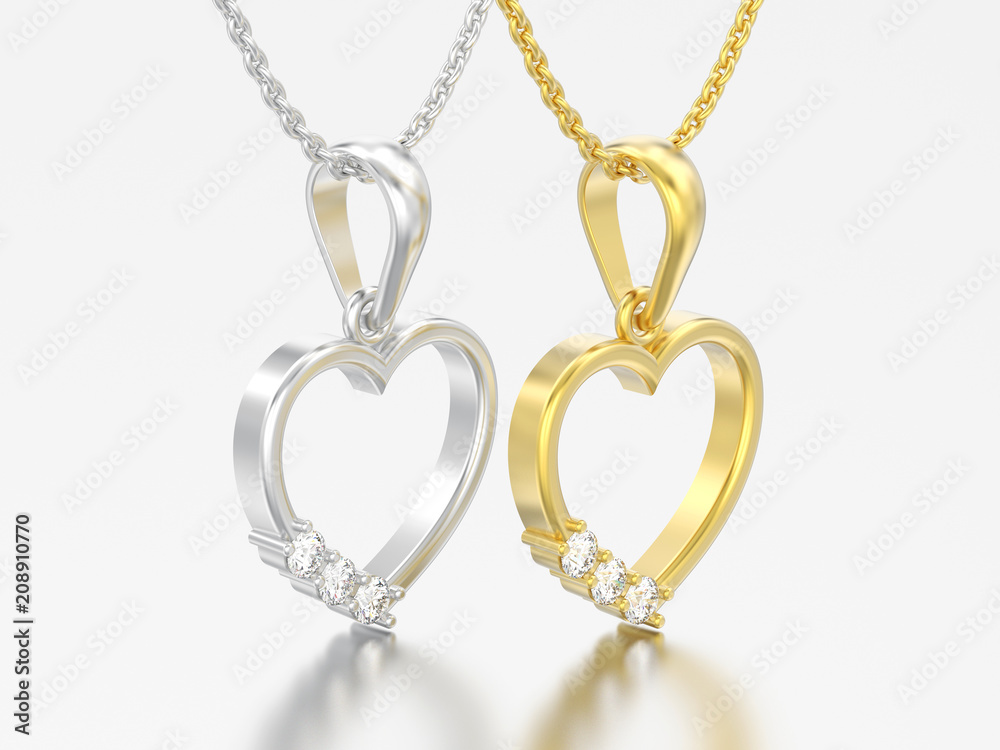 3D illustration two gold and silver diamond heart necklaces on chains 3D illustration two gold and silver diamond heart necklaces on chains