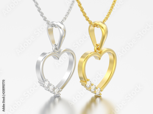 3D illustration two gold and silver diamond heart necklaces on chains
