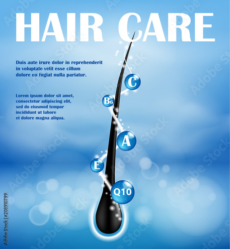 Hair Nourishing shampoo ads design. Concept ends splitting prevention. Hair care Shampoo for health. Shampoo with vitamins for protect Hair ends. Vector illustration