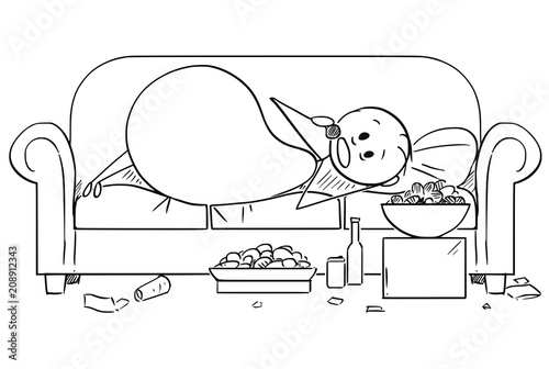 Cartoon stick drawing illustration of fat or overweight man lying on couch and eating unhealthy food. Concept of unhealthy lifestyle.