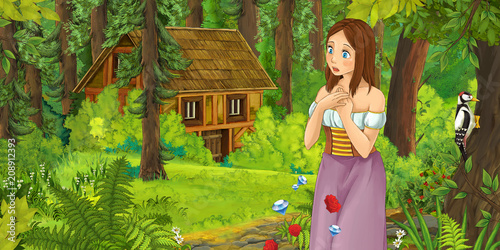 cartoon scene with happy young girl in the forest encountering hidden wooden house - illustration for children