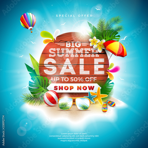 Summer Sale Design with Flower and Beach Holiday Elements on Blue Background. Tropical Floral Vector Illustration with Special Offer Typography on Vintage Wood Board for Coupon, Voucher, Banner, Flyer