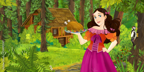 cartoon scene with happy young girl in the forest encountering hidden wooden house - illustration for children