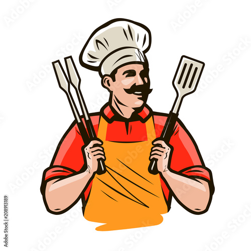 Chef or happy cook holding a grill tools tongs and spatula. Barbecue, kebab food. Cartoon vector illustration