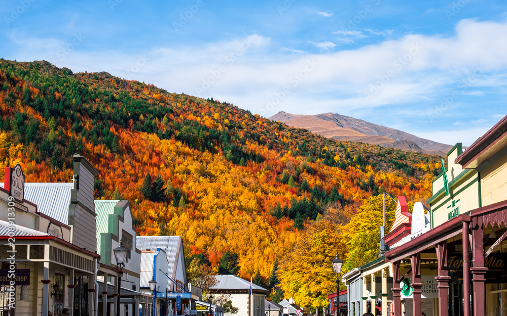 Fototapeta premium Arrowtown jesienią z kolorowymi drzewami w piękny dzień.