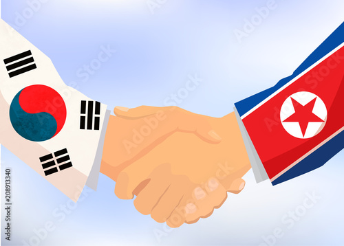 North and South Korea handshake, concept illustration on blue sky